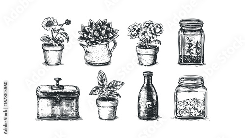 Group of vintage botanical drawings with jars and containers. Vector hand drawn illustration