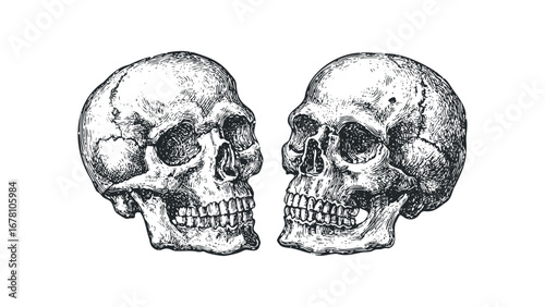 Two antique skulls facing each other on a white background. Vector hand drawn illustration