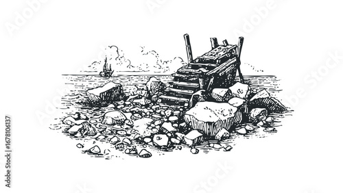 Old wooden stairs and rocks on the shore with a sailing ship in the distance. Vector hand drawn illustration