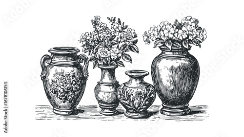 Vintage vase arrangement with floral decorations on a white surface. Vector hand drawn illustration