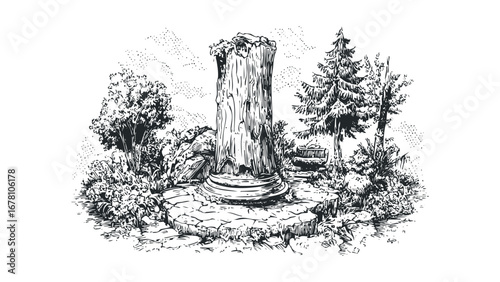 Ancient Column Fragment With Trees and Garden Elements. Vector hand drawn illustration