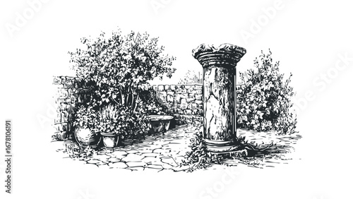 Ornate stone column in a lush garden with potted plants and cobblestone pathway. Vector hand drawn illustration