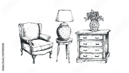 Elegant wingback chair, ornate lamp, and chest of drawers with floral vase. Vector hand drawn illustration