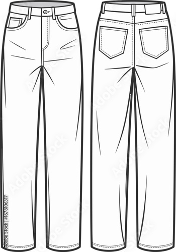 Front and back flat sketch of women's denim jeans with pockets pants trousers
