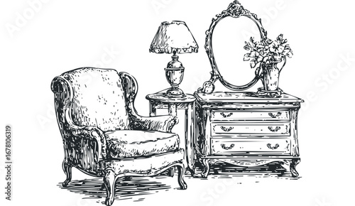 Sketch of ornate dresser with mirror and chair beside a table with lamp and flowers. Vector hand drawn illustration