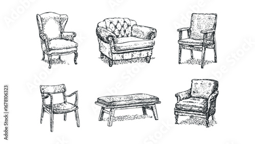 Sketch Collection of Assorted Armchairs and Bench on Transparent. Vector hand drawn illustration