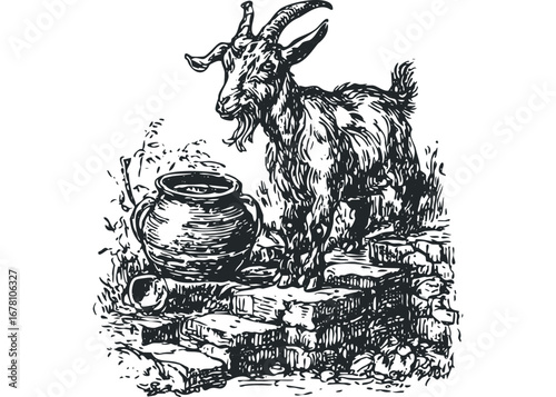 Detailed drawing of a goat with horns and beard standing on rocks next to a clay pot. Vector hand drawn illustration