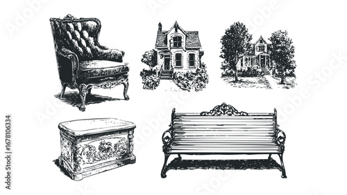 Ornate antique armchair, classical house, park bench, and carved chest isolated on white. Vector hand drawn illustration