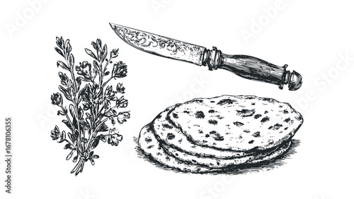 Traditional Flatbread with Herbs and Ornate Knife Sketch. Vector hand drawn illustration