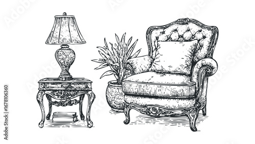 Ornate armchair with a side table and lamp sketch. Vector hand drawn illustration