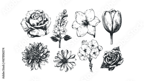 Hand Drawn Collection of Various Botanical Flowers. Vector hand drawn illustration