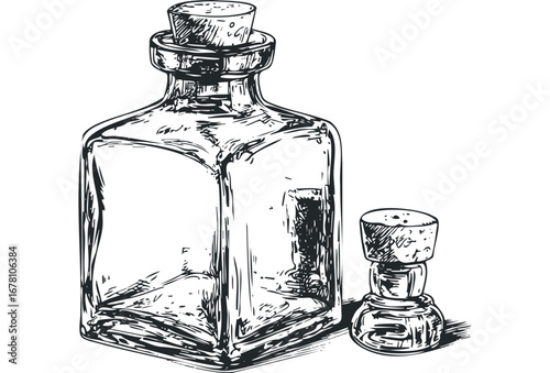 Sketch of glass bottle with cork stopper and small stopper. Vector hand drawn illustration