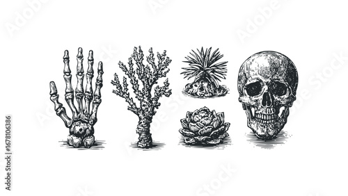 Black ink sketch of skeletal hand, coral, succulent, and skull on white. Vector hand drawn illustration