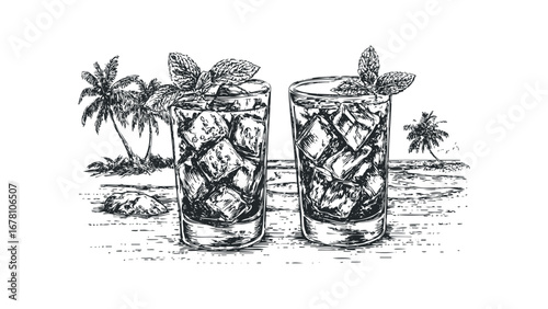 Hand drawn sketch of two tall glasses filled with ice and mint leaves. Vector hand drawn illustration