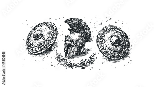 Ancient warrior helmet with shields and laurel wreath. Vector hand drawn illustration