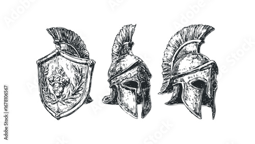 Ancient Greek Warriors Helmets and Shield Vintage Drawing. Vector hand drawn illustration
