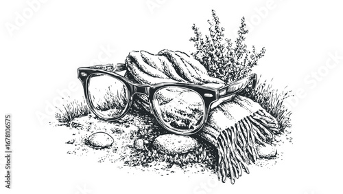 Pondering nature through vintage spectacles resting on a textured scarf and pebbles. Vector hand drawn illustration