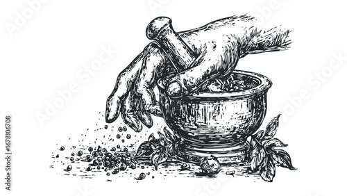 Hand grinding pepper berries in mortar with pestle surrounded by peppercorn and leaves. Vector hand drawn illustration