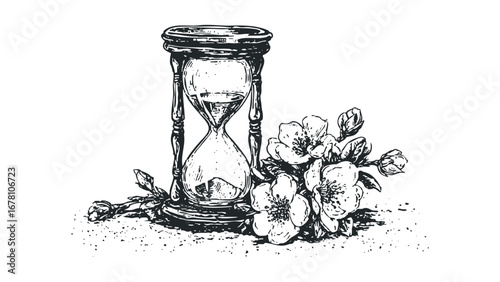 Ornate hourglass beside blooming cherry blossoms, monochrome line artwork. Vector hand drawn illustration