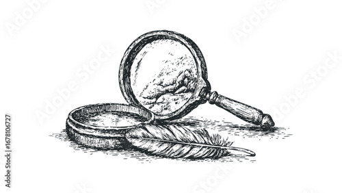 Magnifying glass with inkwell and feather quill. Vector hand drawn illustration