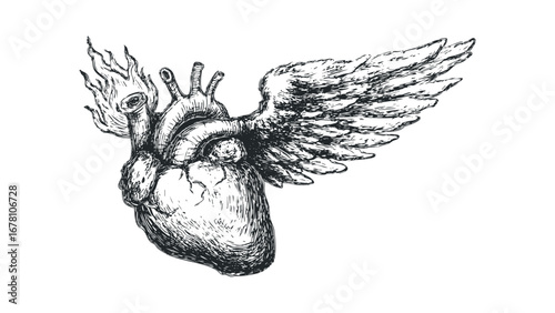 Sketch of Anatomical Heart with Wings and Fire Detail. Vector hand drawn illustration
