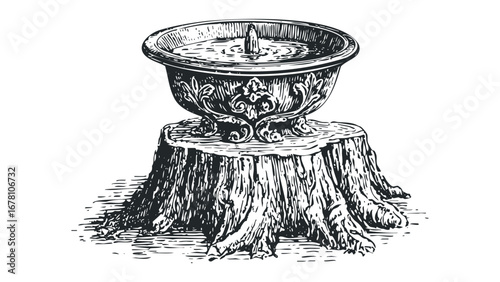 Ornate Basin Resting on a Rough Tree Stump in Engraved Style. Vector hand drawn illustration