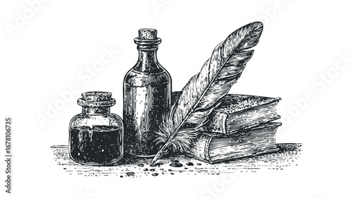 Vintage quill pen with inkwell and stacked books in scratchboard style. Vector hand drawn illustration