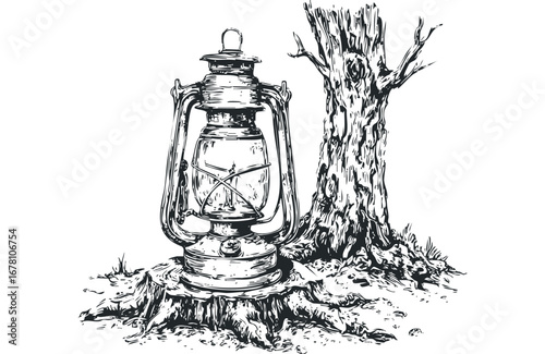 Antique kerosene lantern sits on a tree stump next to a textured tree trunk. Vector hand drawn illustration
