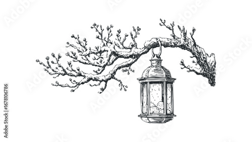 Vintage lantern suspended from a detailed tree branch with buds. Vector hand drawn illustration