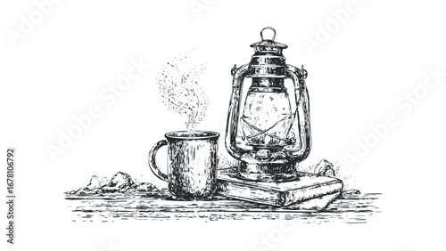 Sketch of an antique oil lamp with steaming mug on a book. Vector hand drawn illustration