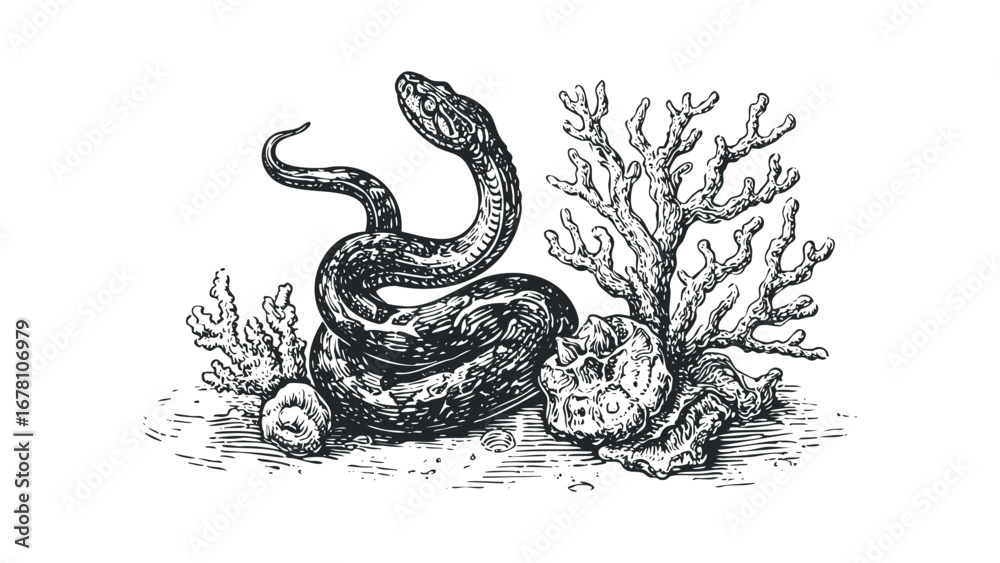 Obraz premium Engraved Serpent Coiled Around Seashell with Coral Branch. Vector hand drawn illustration