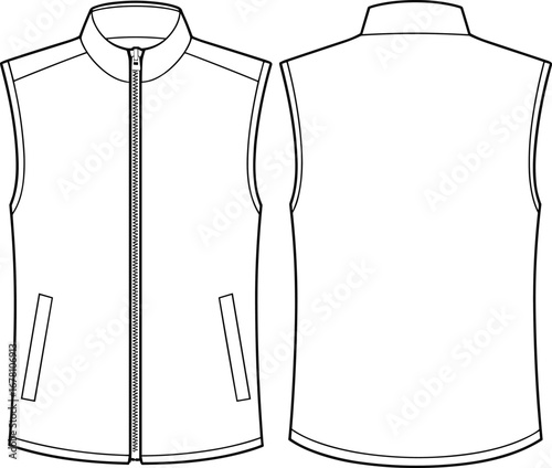 Front and back view of a blank sleeveless zip-up vest with pockets zipper