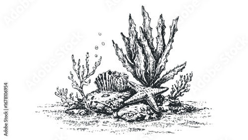 Pen and ink drawing of underwater flora, fauna, and marine life on a white background. Vector hand drawn illustration