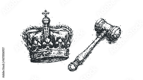 Regal Gavel and Crown Ornate Emblem on Transparent Background. Vector hand drawn illustration