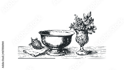 Vintage still life drawing of fruit and floral arrangement in ornate vases. Vector hand drawn illustration