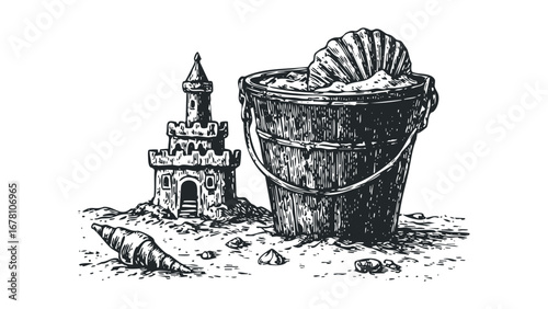 Detailed woodcut style drawing of a sandcastle next to a pail filled with sand and a seashell. Vector hand drawn illustration