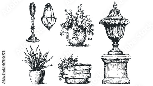 Collection of sketched antique outdoor decorative items including planters and a lamp. Vector hand drawn illustration