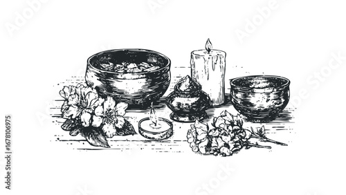 Sketch of spa arrangement with floral elements and lit candles on wood surface. Vector hand drawn illustration