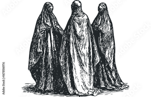 Three figures in flowing robes stand closely together in a sketch-like style. Vector hand drawn illustration