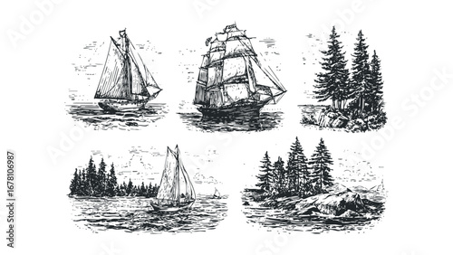 Hand Drawn Old Sailing Ships and Pine Trees on Rocky Shore. Vector hand drawn illustration