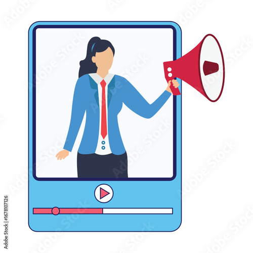 Woman use megaphone in video media player symbolizing marketing Digital Marketing Illustration concept stoke illustration