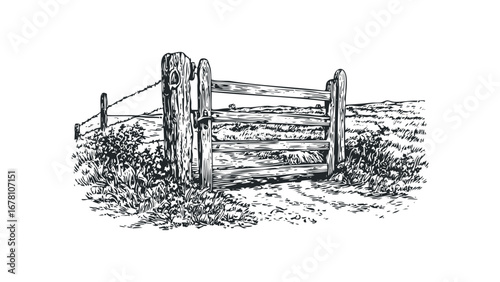 Rustic wooden farm gate with barbed wire fence and grassy landscape. Vector hand drawn illustration