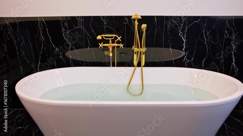 Oval white bathtub with gold faucet and dark marble