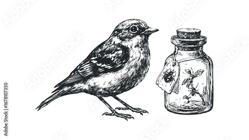 Sketch of a small bird standing next to a glass jar containing a plant. Vector hand drawn illustration