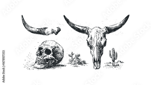 Western animal skull and human skull with cactus, sketch. Vector hand drawn illustration