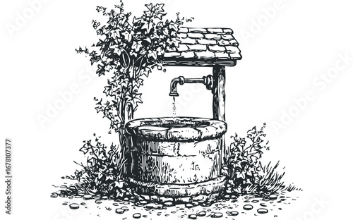 Black and white drawing of a stone well with ivy and dripping water. Vector hand drawn illustration