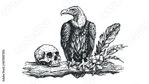 Vulture perched on weathered wood with skull and foliage. Vector hand drawn illustration