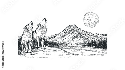 Two wolves howling at the moon with a mountain range and forest. Vector hand drawn illustration