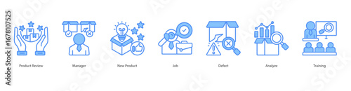 Product Development banner web icon set vector illustration concept with icon of product review, manager, new product, job, defect, analyze, training