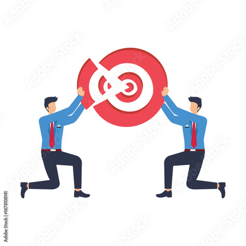 business people connect target bullseye together symbolizing teamwork develop objective together or ambition, collaboration concept, business people connect target together. stock illustration
